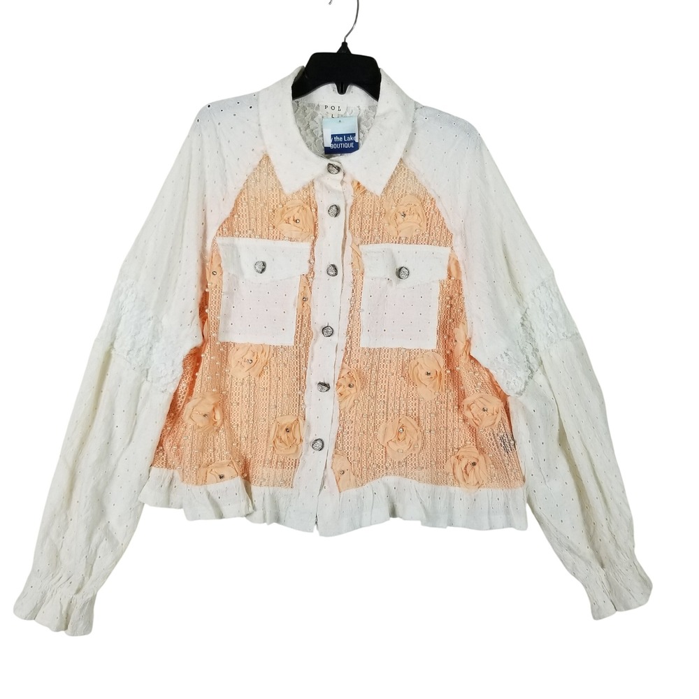 POL Button Down Top Womens Large Apricot Cream Floral Rosette Pearl UWT156
